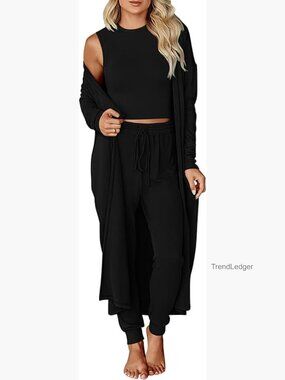 3 Piece Lounge Set with Cardigan Tank Top Jogger Pants Travel Outfits